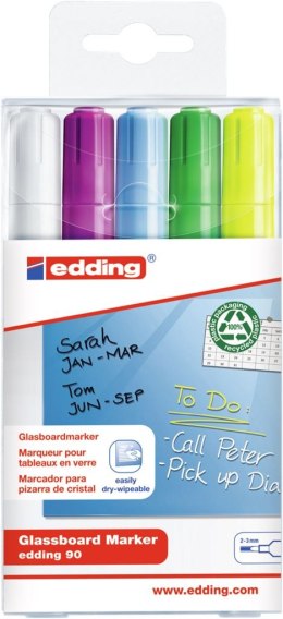 Marker EDDING do tablic szklanych biały + mix kolorów, etui 5 szt. 90/5s/049/b ed suchościeralny