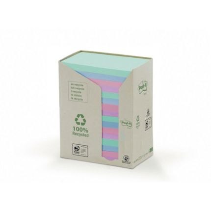 Ekologiczne karteczki samoprzylepne Post-it z certyfikatem PEFC Recycled, Pastelowe, 76x76mm, 16 bloczków po 100 kartec