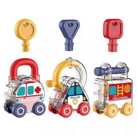Zestaw 3 samochodzików Montessori kłódka klucze edukacyjna dla dzieci 18m+