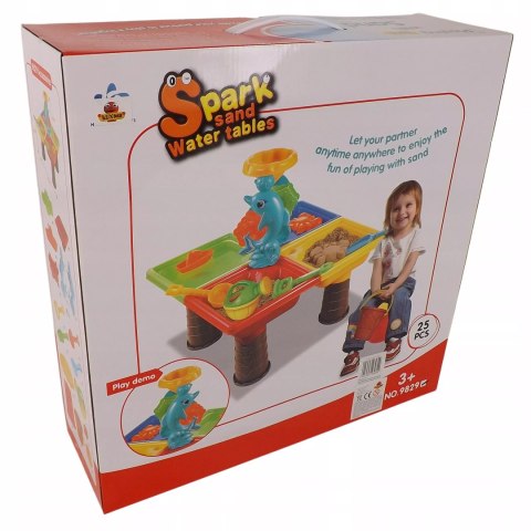 Stolik do piasku i do wody delfin młyn łopatka grabki foremki 25 el 9829