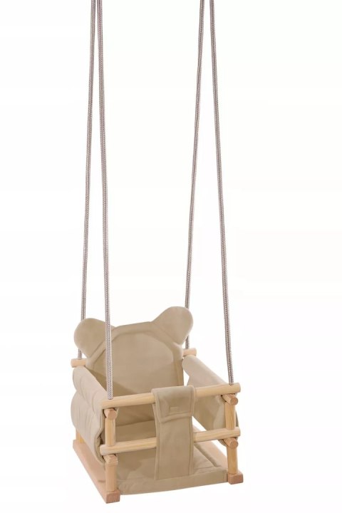 Huśtawka kubełkowa welurowa drewniana miś beżowa HWMB6436