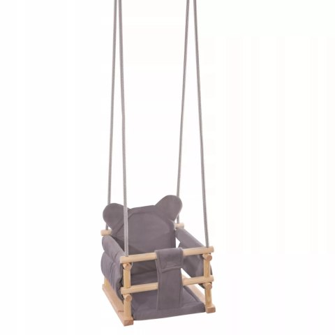 Huśtawka kubełkowa welurowa drewniana miś szara HWMSZ3718