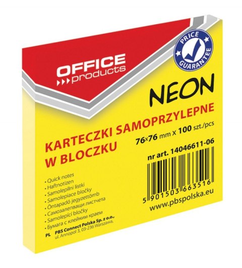 Bloczek samoprzylepny 76x76 mm 1x100 kart. neon żółty OFFICE PRODUCTS
