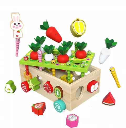 Układanka Montessori sorter klocków Złap Robaczka drewniany wózek marchewki