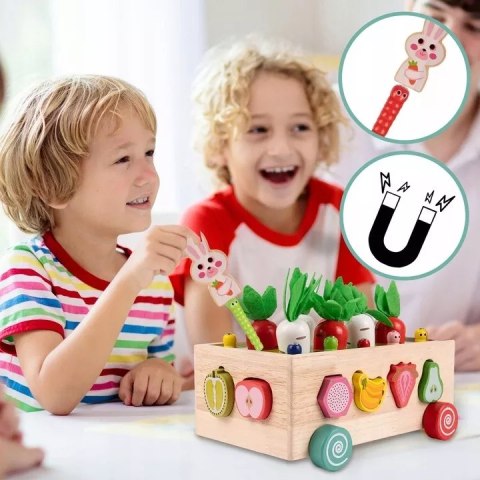Układanka Montessori sorter klocków Złap Robaczka drewniany wózek marchewki