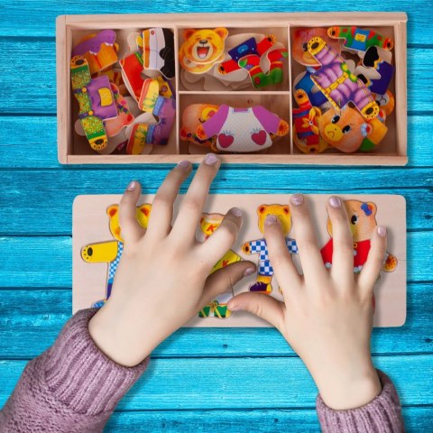 Drewniana układanka misie skrzynka klocki 74 el puzzle
