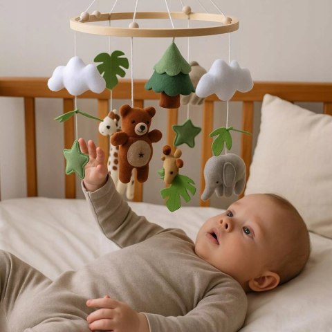 Karuzelka do Łóżeczka Dziecięcego Boho Naturalne Drewno z pałąkiem Safari