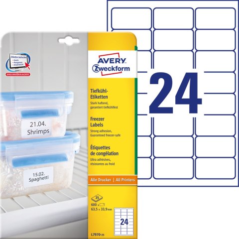 Etykiety na produkty mrożone 63,5 x 33,9 mm, białe etykiety papierowe 25 ark. / op., etykiety do mrożenia, Avery L7970-25
