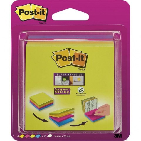 Multi kostka samoprzylepna POST-IT Super Sticky (2014-SC-BYFG),76x76mm, 4x75 kart., mix kolorów