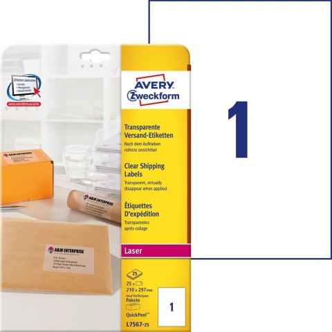 Etykiety na paczki 210 x 297 mm, etykiety przezroczyste, etykiety foliowe, etykiety kurierskie 25 ark. / op., Avery L7567-25