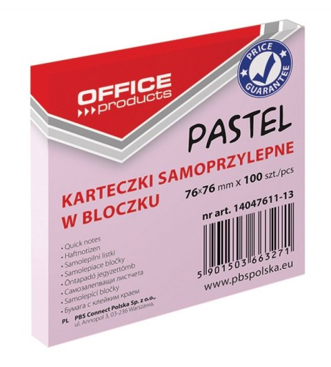 Bloczek samoprzylepny , 76x76mm, 1x100 kart., pastel, różowy, typu OFFICE PRODUCTS 14047611-13