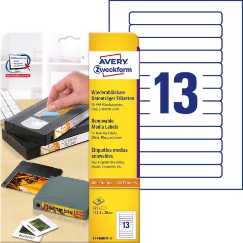 Usuwalne etykiety na kasety wideo 147,3 x 20 mm, białe etykiety samoprzylepne, usuwalne etykiety papierowe 25 ark. / op., Avery 