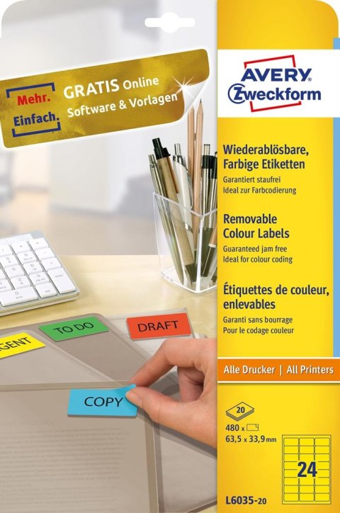 Etykiety żółte L6035-20 63,5 x 33,9 20 ark. usuwalne Avery Zweckform Avery Zweckform