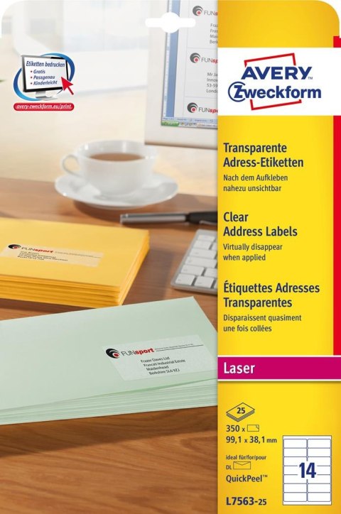 Etykiety adresowe L7563-25 99,1 x 38,1 25 ark. przezroczyste, Avery Zweckform (X)