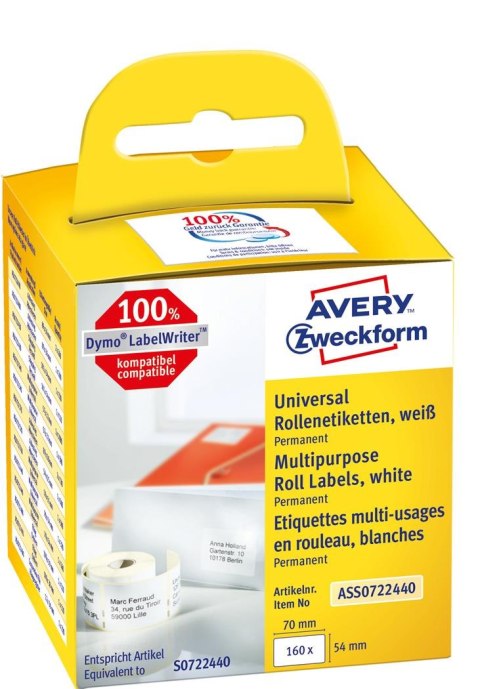 (WYCOFANE) Etykiety uniwersalne ASS0722440 54 x 70 160 et. w rolce do termodruku, trwałe, białe, Avery Zweckform (X) (X)