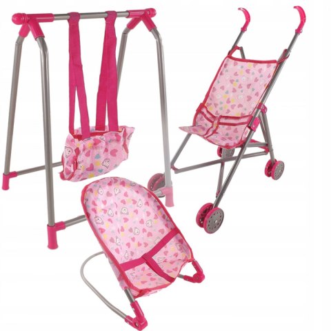 ZESTAW 3W1 DLA LALKI WÓZEK BUJACZEK HUŚTAWKA 8848