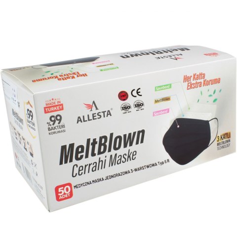 Maseczki medyczne 50szt czarna TYP IIR CE BFE>=98% MEDICAL 8%VAT Covid19