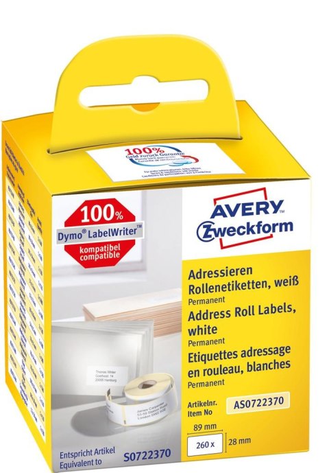 Etykiety na rolce, etykiety adresowe 28 x 89 mm, etykiety do termodruku, białe etykiety papierowe, 260 etyk. / 2 rolki, Avery AS