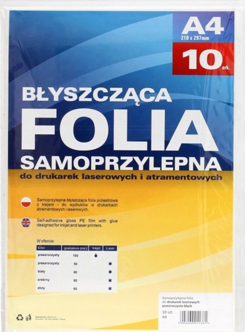 Folia samoprzylepna A4 do drukarek laserowych przezroczysta (10szt) 434010 50mic ARGO