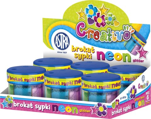 Brokat 50g x 6 kolorów neonowych (żółty, zielony, niebieski, pomarańczowy, różowy, fioletowy) ASTRA, 335114002
