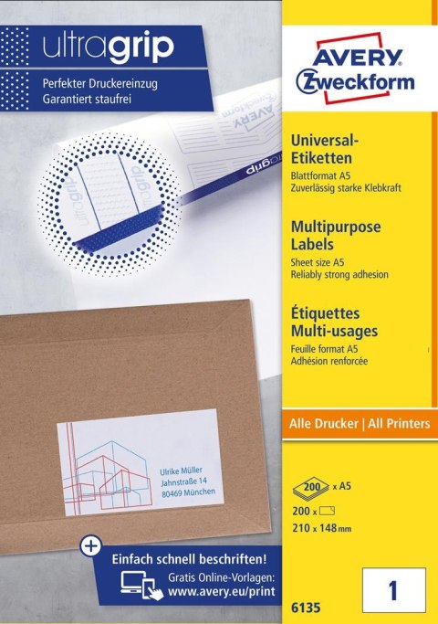 Etykiety uniwersalne 6135 210 x 148 200ark A5 Trwałe, Avery Zweckform