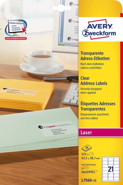Etykiety adresowe L7560-25 63,5 x 38,1 25 ark przezroczyste, Avery Zweckform