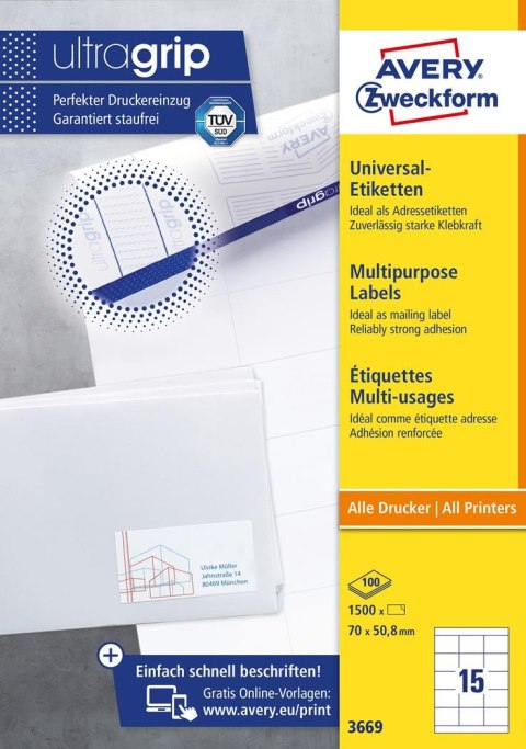 TrwaTrwałe etykiety uniwersalne 3669 Avery Zweckform A4, 100 ark./op., 70 x 50,8 mm, białe