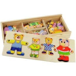 Drewniana skrzynka układanka klocki 74 el. misie 2210